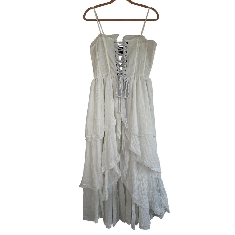Darker Wavs White Gauze Lace Up Corset Tiered Ruffle Maxi Dress XL